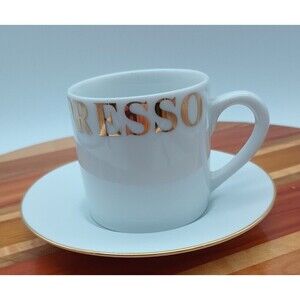 PIER 1 Imports White Demitasse Espresso 3oz. Mug Cup & Saucer Porcelain Set Gold